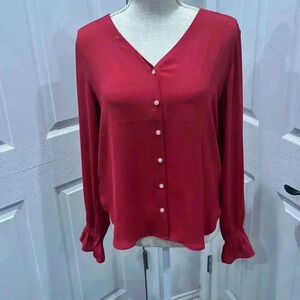 Loft NWT button front polyester elastic flare long sleeve in a salmon pink